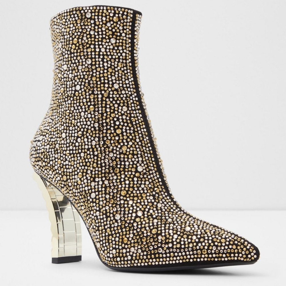 NEW Aldo Black/Gold Studded Lure Curved Heel Ankle Booties 6 - Picture 5 of 12